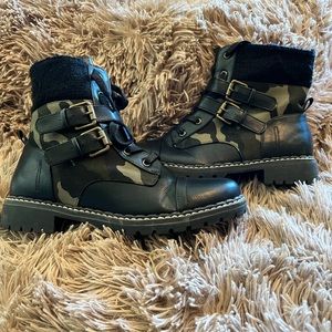 Camo Accented Lace Up Black Boots By JustFab